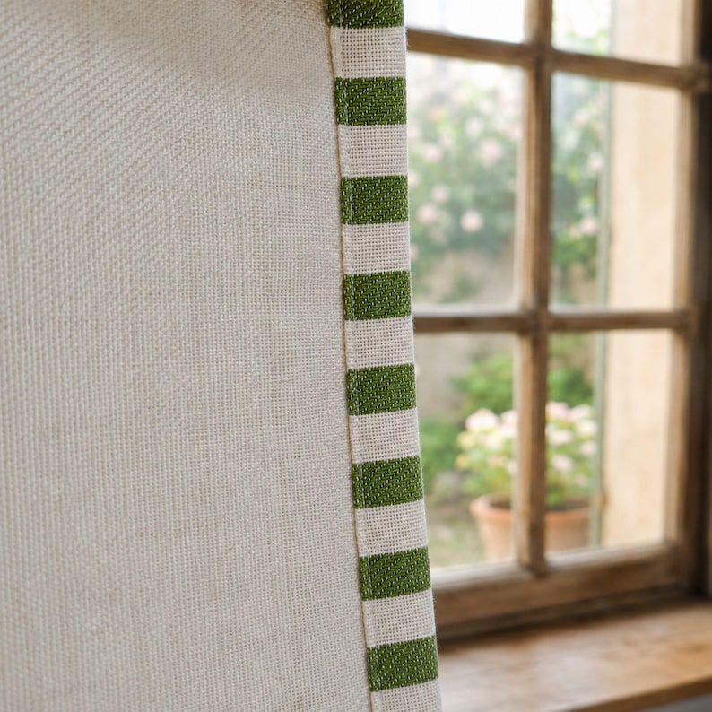 100% Washed Linen Curtains With Green Trim, Farmhouse, Cottage Window Treatment