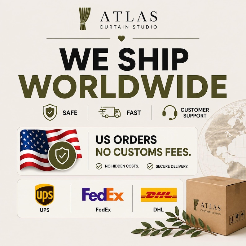 Puede incluir: Un gr&aacute;fico informativo para Atlas Curtain Studio con el texto WE SHIP WORLDWIDE, iconos de seguridad, rapidez y atenci&oacute;n al cliente, una bandera de EE. UU. con un escudo, el texto US ORDERS NO CUSTOMS FEES y logotipos de UPS, FedEx y DHL.