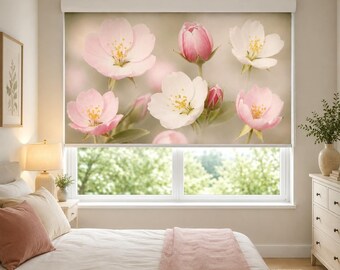 Cherry Blossom Floral Roller Blind, Soft Pink Sakura Window Shade for Elegant Interiors
