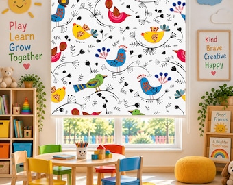 Custom Bird Roller Blinds, Whimsical Kids Room Treatments, Colorful Folk Art Shades, Blackout Light Filtering
