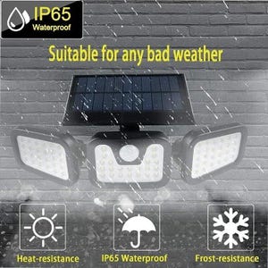 May include: Black solar-powered outdoor light with three adjustable light panels. The light has a solar panel on top and features the text "IP65 Waterproof" and "Suitable for any bad weather". Additional icons indicate heat, water, and frost resistance.