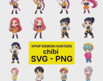 Paquete de imágenes prediseñadas de Kpop Demon Hunters Chibi / Pegatinas lindas de anime PNG SVG / Descarga digital de merchandising de Kpop para planificadores y álbumes de recortes