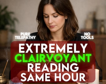 May include: A woman is seated at a wooden table with a candle, incense, and crystals. The image features text that reads "PURE TELEPATHY", "NO TOOLS", and "EXTREMELY CLAIRVOYANT READING SAME HOUR".