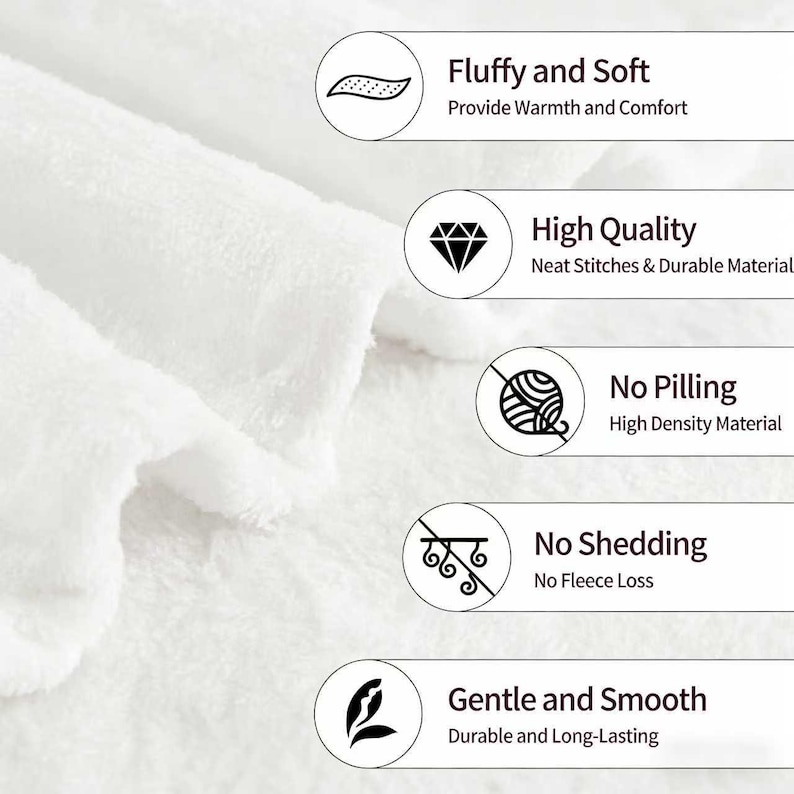 May include: A white, fluffy, and soft fabric texture with five circular icons and text labels: Fluffy and Soft, High Quality, No Pilling, No Shedding, and Gentle and Smooth. The text highlights features like neat stitches, durable material, and high density.