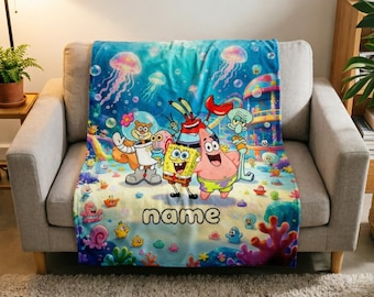 Personalisierte SpongeBob Decke weicher Wurf, individueller Name Kinderdecke, Geburtstagsgeschenk