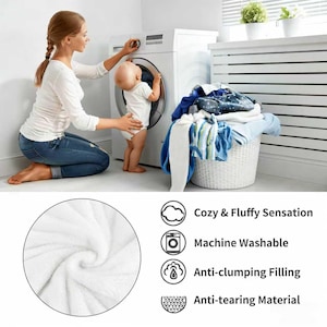 May include: A white, soft, and fluffy textile material with a textured surface. The product features include a cozy and fluffy sensation, machine washable fabric, anti-clumping filling, and anti-tearing material as indicated by the text.