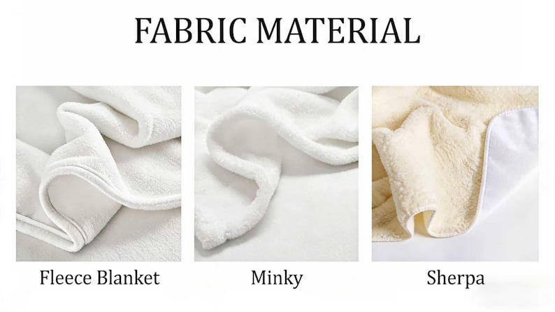 May include: A comparison chart titled FABRIC MATERIAL showing three fabric textures. The first panel shows a white fleece blanket, the second panel shows a white minky fabric, and the third panel shows a cream-colored sherpa fabric with a white backing.