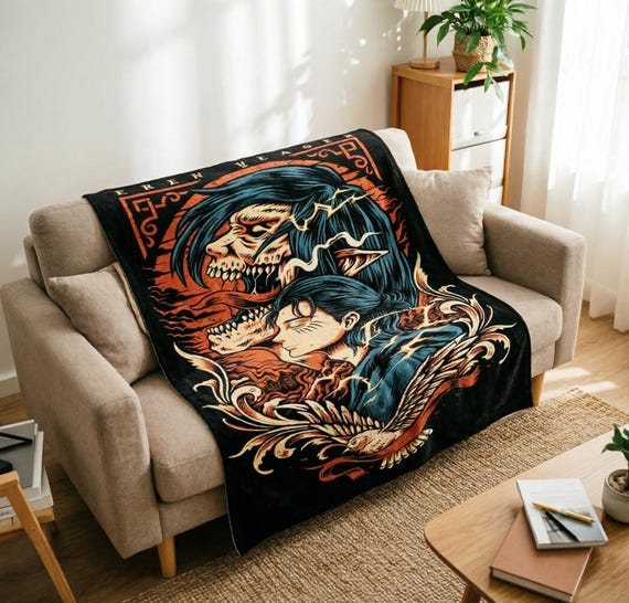 Attack On Titan Eren Yeager Woodcut Fleece Blanket, Anime Manga Fan Decor