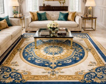 Classic Blue & Gold Medallion Area Rug | Hand Tufted Elegant Traditional Persian Style Carpet | Luxury Living Room, Bedroom, Office Decor |