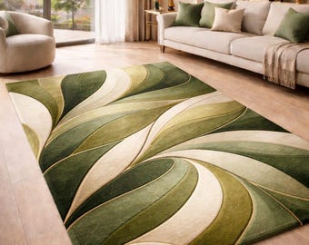 Alfombra moderna con hojas botánicas / Alfombra abstracta orgánica verde y crema / Decoración para sala de estar y dormitorio de inspiración natural escandinava