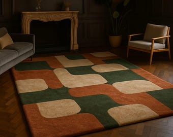 Mid-Century Modern Abstract Area Rug | Rust, Olive Green & Beige Geometric Carpet | Retro Living Room Bedroom Decor