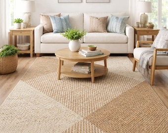 Handwoven Neutral Beige Boho Area Rug | Natural Texture Carpet | Cozy Scandinavian Living Room & Bedroom, Office Decor