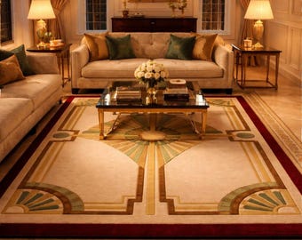Alfombra Art Déco de lujo / Alfombra geométrica crema y dorada con borde rojo / Decoración clásica para sala de estar y dormitorio