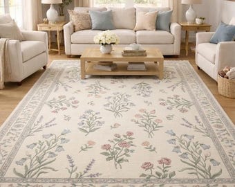 Alfombra botánica anudada a mano con diseño floral: alfombra suave de color crema neutro con estampado de flores en tonos pastel, alfombra de jardín de inspiración vintage, acogedora para la sala de estar.