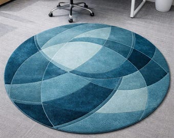 Alfombra redonda abstracta moderna hecha a mano / Alfombra geométrica azul y verde azulado / Decoración minimalista para el hogar, la oficina y la sala de estar /