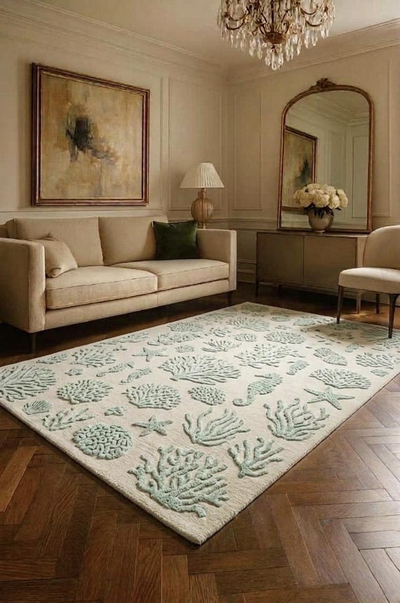 Coastal Coral Area Rug, Ocean Inspired Tufted Rug, Sea Life Rug, Modern Neutral Living Room Carpet, Soft Bedroom Rug, Beach House Decor