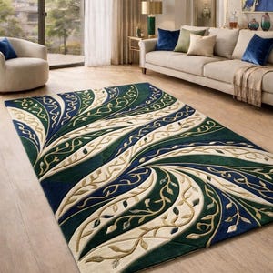 Modern Botanical Abstract Area Rug, Green Blue Cream Leaf Pattern Rug, Luxury Hand Tufted Wool Carpet, Contemporary Living Room Decor