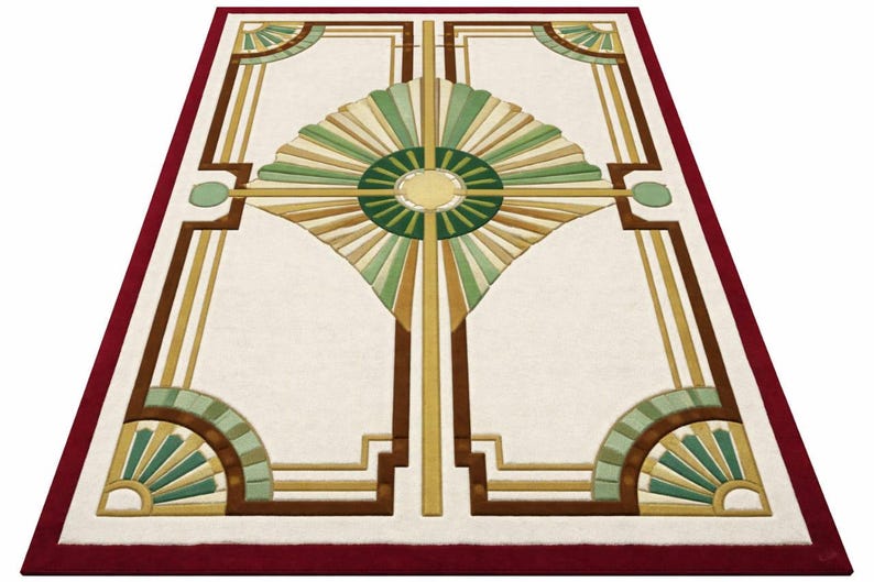 Deco Border Rugs Luxury Art Deco Area Rug | Cream & Gold Geometric Carpet With Red ...