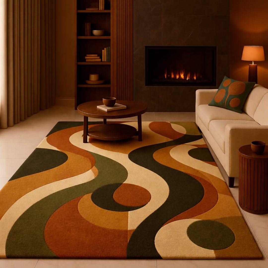 Retro Abstract Wave Rug | 70s Inspired Terracotta & Olive Green Area ...