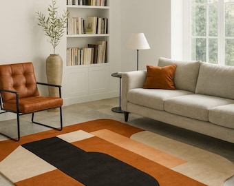 Abstract Geometric Area Rug | Rust, Beige & Black Contemporary Carpet | Stylish Living Room, Bedroom, Office Decor