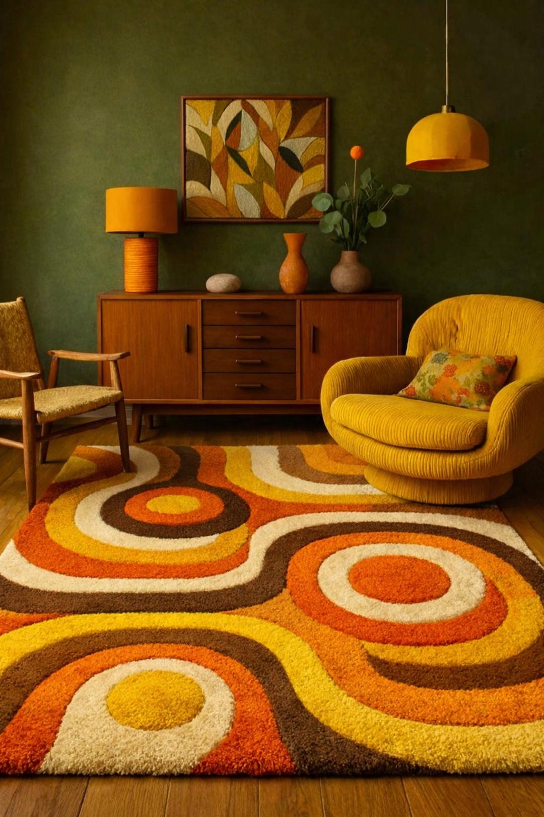 Retro 70s Abstract Area Rug – Orange Brown Yellow Geometric Carpet, Mid ...