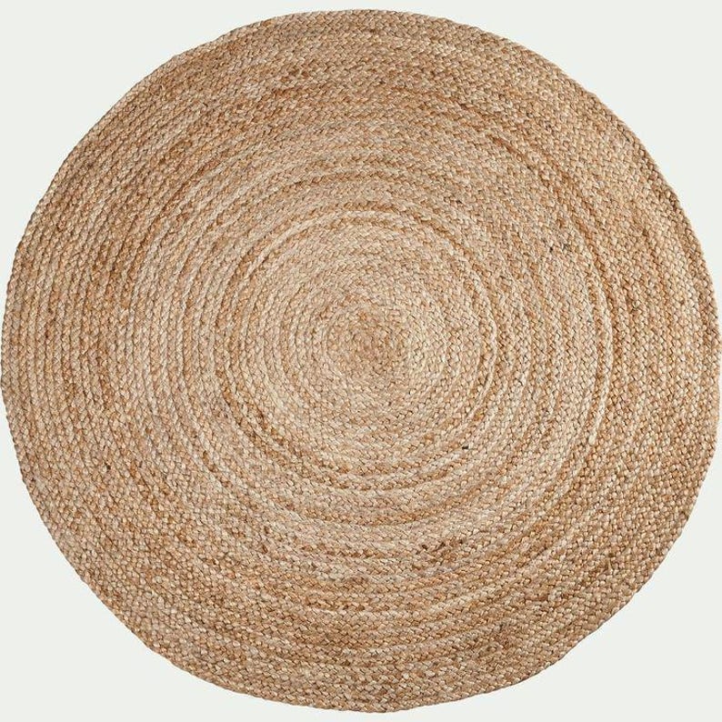 Handwoven Boho Round Rug | Natural Beige Jute Dhurrie Style Area Carpet ...