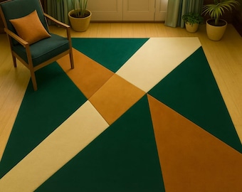 Modern Geometric Triangle Area Rug | Green, Mustard & Beige Abstract Carpet | Mid-Century Living Room, Bedroom Decor