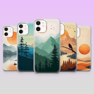 May include: Five phone cases with landscape designs. Each case displays a different nature scene, including mountains, trees, and sunsets. The colour palette includes shades of orange, green, and blue, creating a serene and artistic aesthetic.