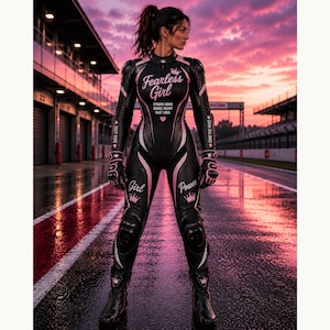 May include: A black and pink leather motorcycle racing suit featuring the text Fearless Girl, Strong Mind, Brave Heart, Fast Soul, Just Ride, Own The Road, Girl, and Power, along with crown and heart graphics, worn with matching black gloves and boots.