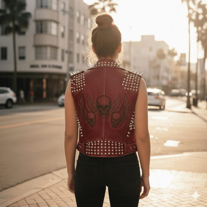 May include: A burgundy leather vest adorned with silver studs and spikes. The back showcases a skull and wings motif. The sleeveless vest has a cropped design. The person is wearing black jeans.