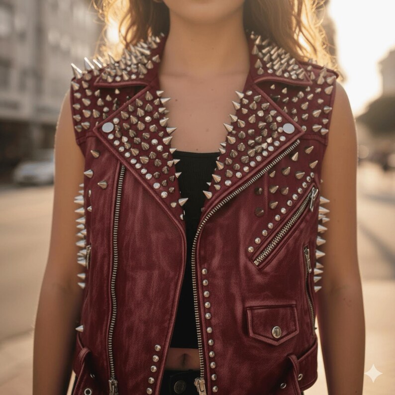 May include: A burgundy sleeveless leather vest with silver metal cone studs. The vest has a notched collar, a zip closure, and a small pocket. The vest is a bold fashion statement.