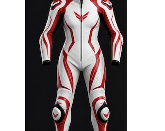 Traje de motociclista de cuero de vaca blanco y rojo para mujer, estilo MotoGP, con protecciones CE (personalizable).