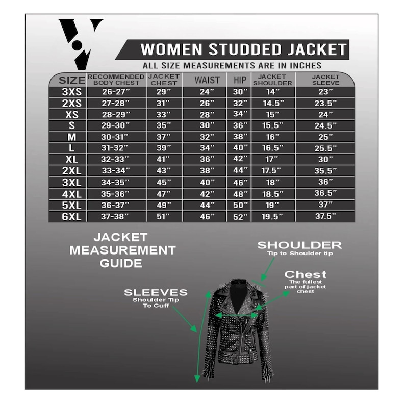 May include: A black studded women's jacket with a size chart showing measurements in inches. The chart includes body chest, jacket chest, waist, hip, shoulder, and sleeve measurements for sizes 3XS to 6XL. The jacket has a zipper closure and a studded design.