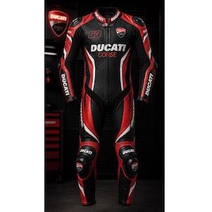 Może przedstawiać: Czarno-czerwono-biały skórzany kombinezon motocyklowy z logo Ducati Corse na klatce piersiowej, ramionach i kolanach. Kombinezon posiada numer 63 na piersi, zamek błyskawiczny na całej długości oraz ochraniacze na ramionach i kolanach.