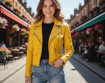 Handmade Mustard Yellow Studded Cowhide Leather Moto Jacket