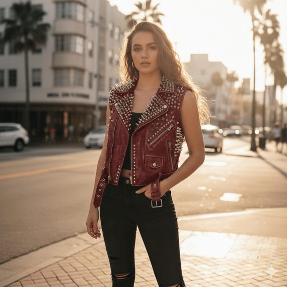 Women’s Studded Leather Vest | Cowhide Biker Vest | Skull Embroidered Back or Plain Back Option | Punk Gothic Moto Vest