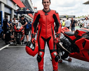 Macacão de couro profissional feminino para motociclismo – Vermelho, ideal para track days.