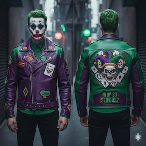 Könnte beinhalten: Eine lila und grüne Lederjacke mit verschiedenen Aufnähern und Kartensymbolen. Auf der Rückseite der Jacke befindet sich ein Totenkopf mit Narrenhut und dem Schriftzug "WHY SO SERIOUS?"