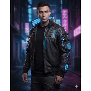 May include: Black leather jacket with blue neon accents and Japanese text. The jacket features a ribbed collar and cuffs, with glowing blue lines and panels. The design is futuristic and cyberpunk-inspired, with a sleek, modern aesthetic.