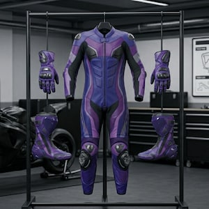 Puede incluir: Un conjunto completo de traje de carreras de motociclismo morado y negro, que incluye un mono de una pieza, guantes y botas. El traje presenta un diseño aerodinámico con zonas acolchadas para protección. Los guantes y las botas tienen secciones reforzadas.