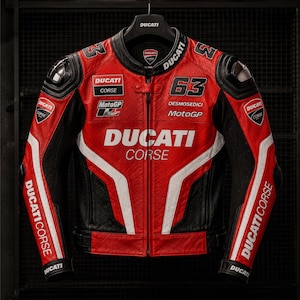 May include: A red, black, and white leather motorcycle jacket featuring the Ducati Corse logo, the number 63, and MotoGP branding. The jacket includes protective shoulder inserts, a full-length front zipper, and white text accents on the sleeves.