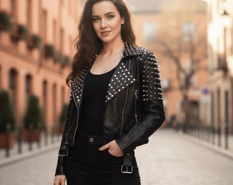 Studded Cowhide Leather Moto Jacket – Women's Punk Biker Coat, Handmade