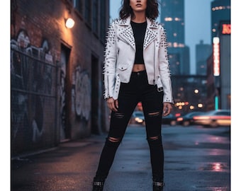 Handmade White Studded Leather Jacket | Silver Spike Cowhide Biker Coat