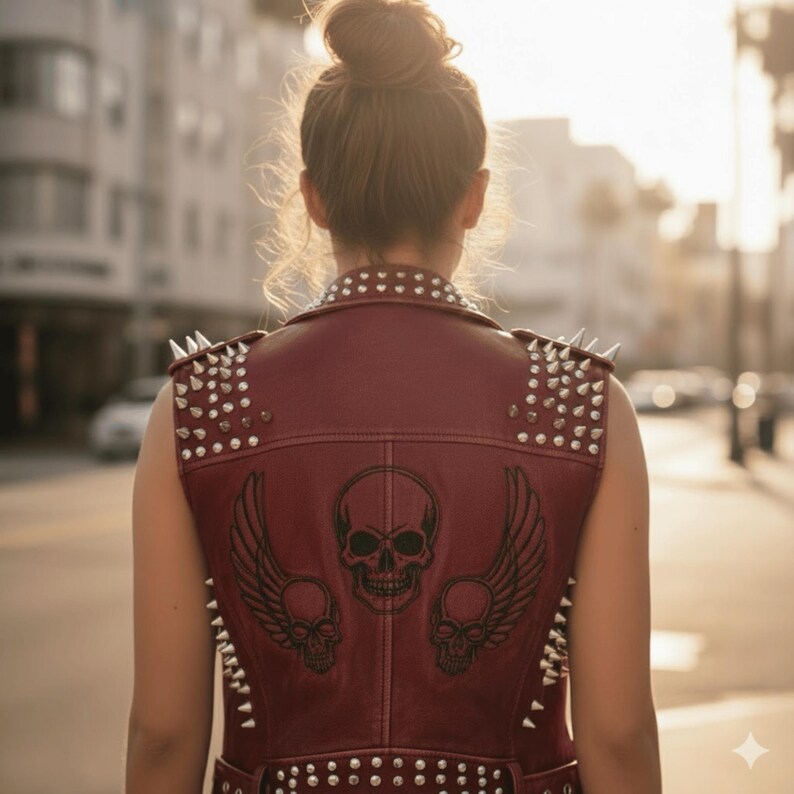 May include: Burgundy leather vest adorned with silver studs and spikes. The back showcases a black skull and wing motif. This sleeveless vest has a classic biker design, ideal for a rock and roll style. The vest is a bold fashion statement.