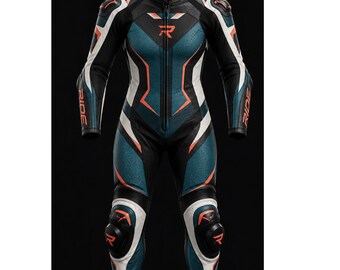 Traje de cuero personalizado para motociclistas, color verde azulado, naranja y negro, 1 pieza.
