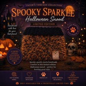 May include: A hand-knitted dog snood featuring a textured, metallic orange and black yarn body with a solid black ribbed top edge. A small rectangular tan tag labeled 'Handmade by Jacob's Threads' is attached to the front of the orange snood.
