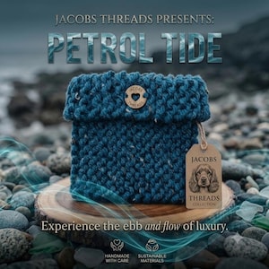 May include: A dark blue knitted pouch featuring a circular wooden button with a heart cutout and the text Jacobs Threads. A rectangular brown paper tag attached to the side displays the text Jacobs Threads Collection and a dog illustration.