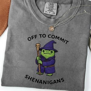 May include: A gray Comfort Colors t-shirt with the text "Off to Commit Shenanigans." The shirt features an embroidered cartoon frog wearing a wizard hat and holding a staff. A silver necklace with a pendant rests on the shirt.