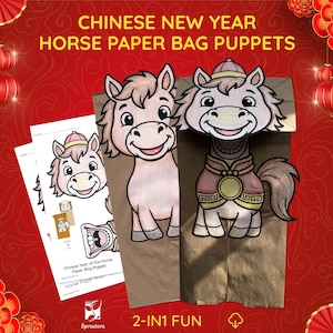 May include: Chinese New Year horse paper bag puppets. The image features two paper bag puppets with horse designs, along with instructions. The puppets are brown with pink and tan horse illustrations. The background is red with Chinese New Year decorations.