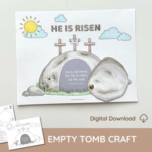 Puede incluir: Ilustración colorida del sepulcro vacío con la frase "Ha resucitado". La imagen incluye un sol, nubes, tres cruces y un sepulcro de piedra. También está presente el texto "Empty Tomb Craft".